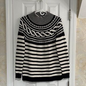 Talbots Cotton Blend Black and White Striped Sweater with Nordic Design